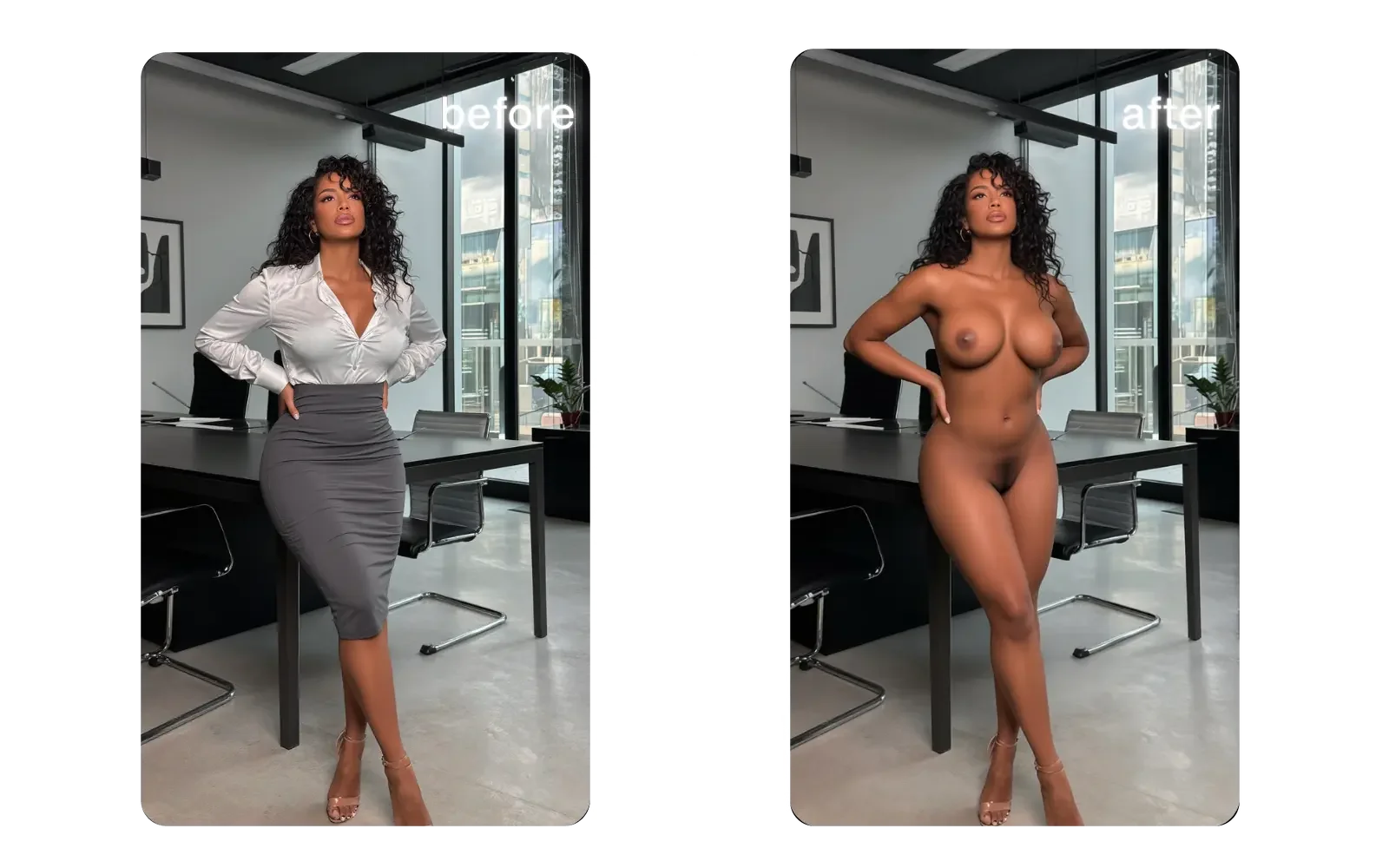 Before and after Undress AI edit of an allowed office outfit photo