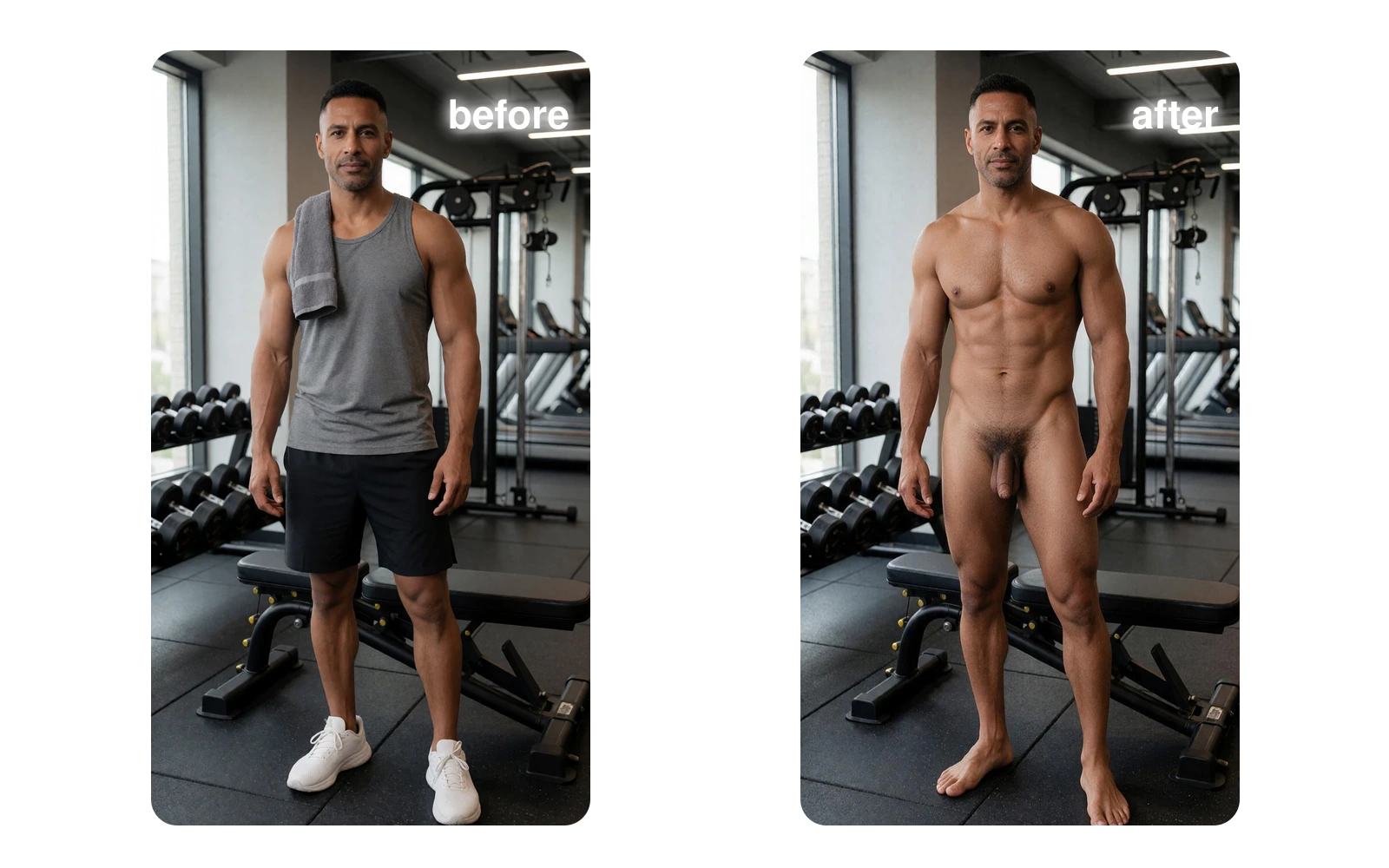 Before and after Undress AI edit of an AI-generated male gym photo